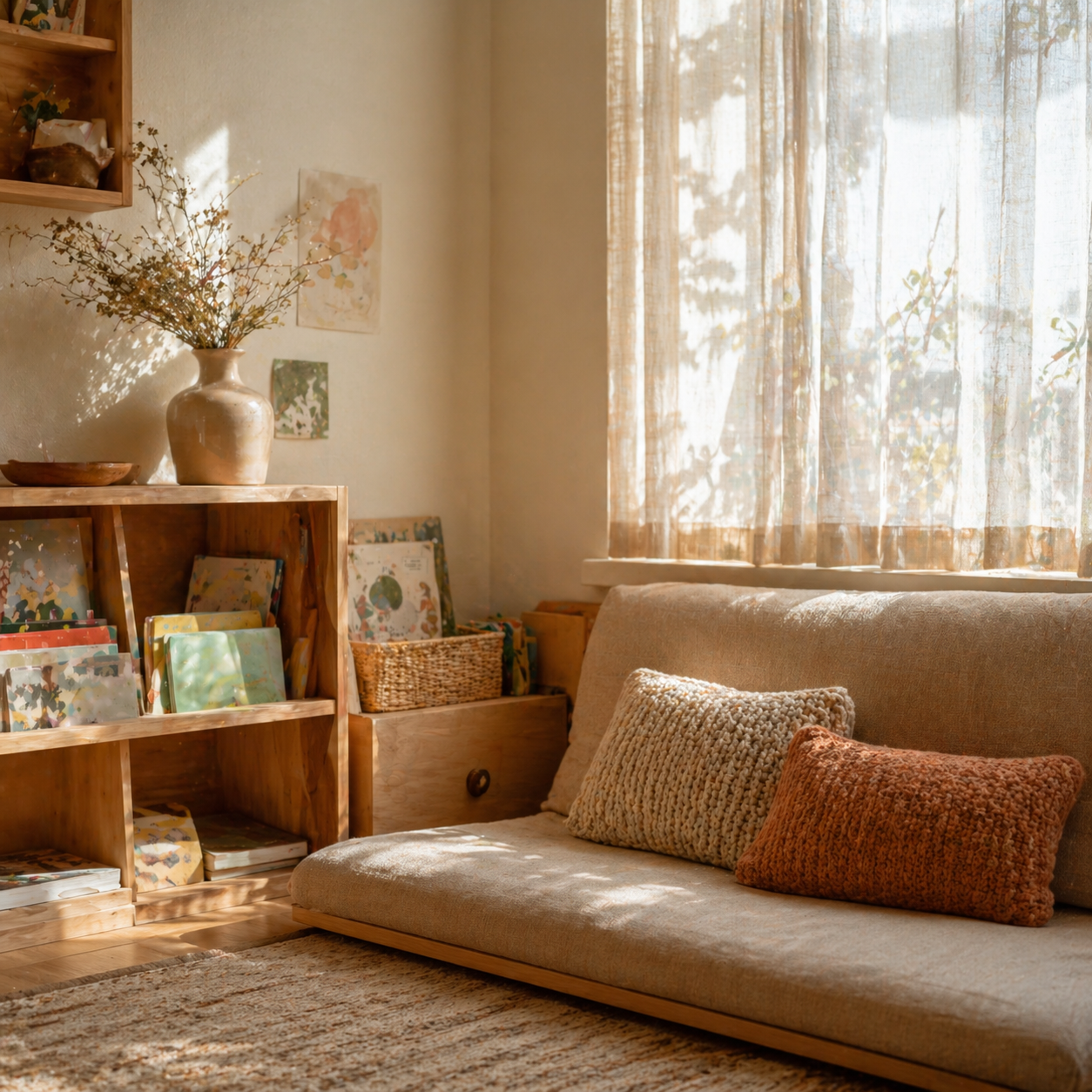 温かい居場所 - リビングのソファと本棚