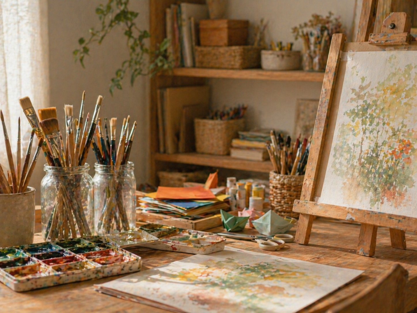 創作コーナー - 絵筆とアトリエの様子