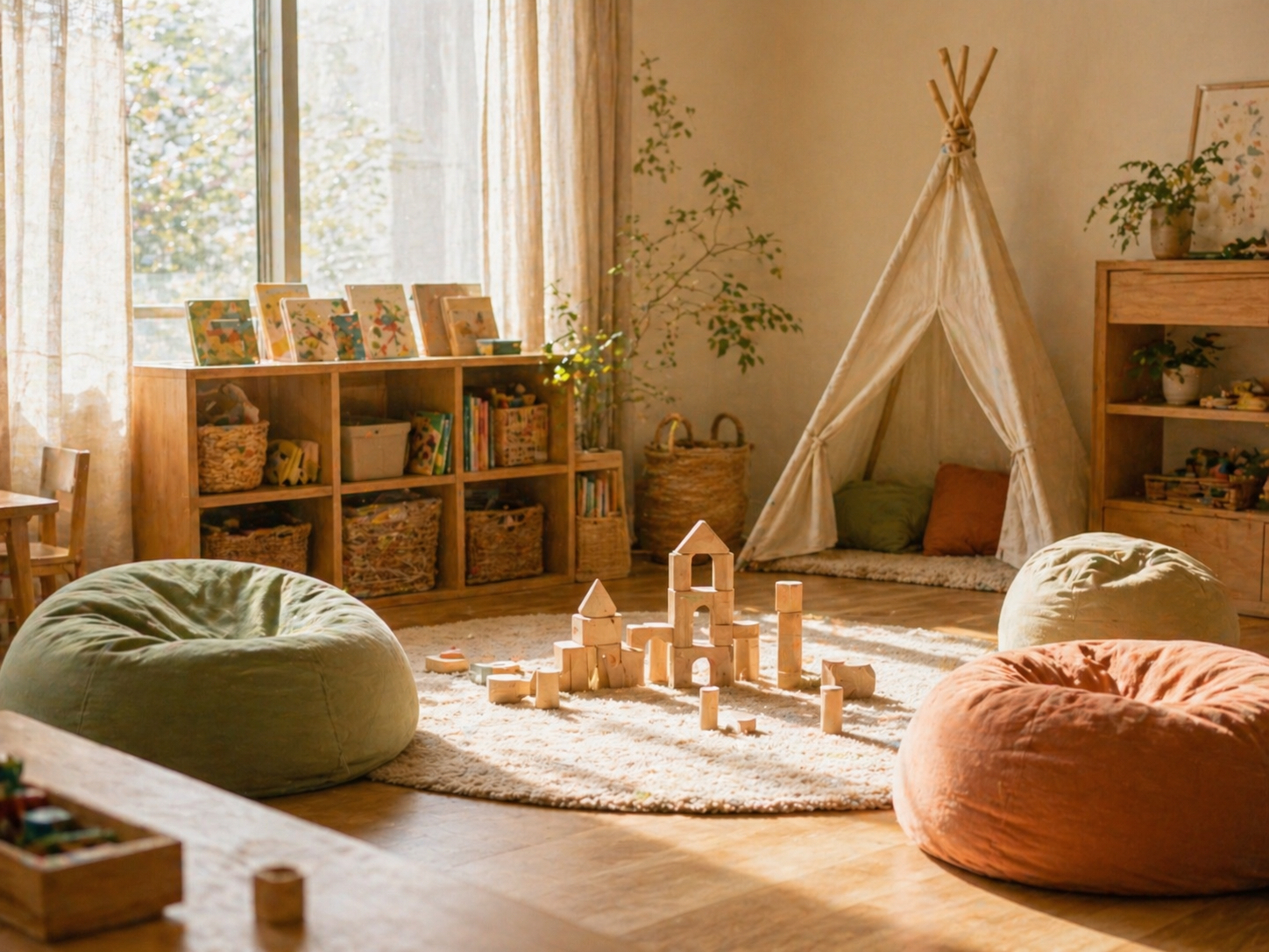 プレイルーム - 木のおもちゃとビーズクッション
