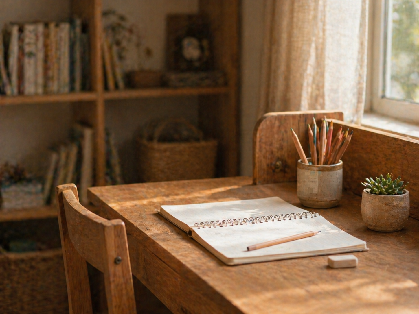学習スペース - ノートと鉛筆の置かれた木の机