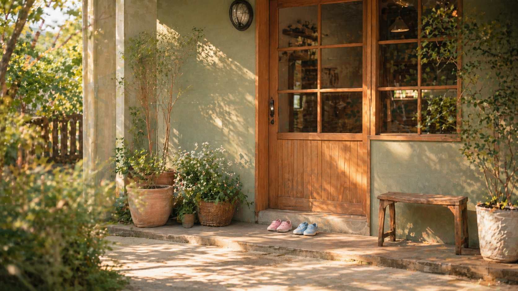 児童デイサービスはぐくみの温かい玄関 - 木のドアと植物に迎えられる入り口